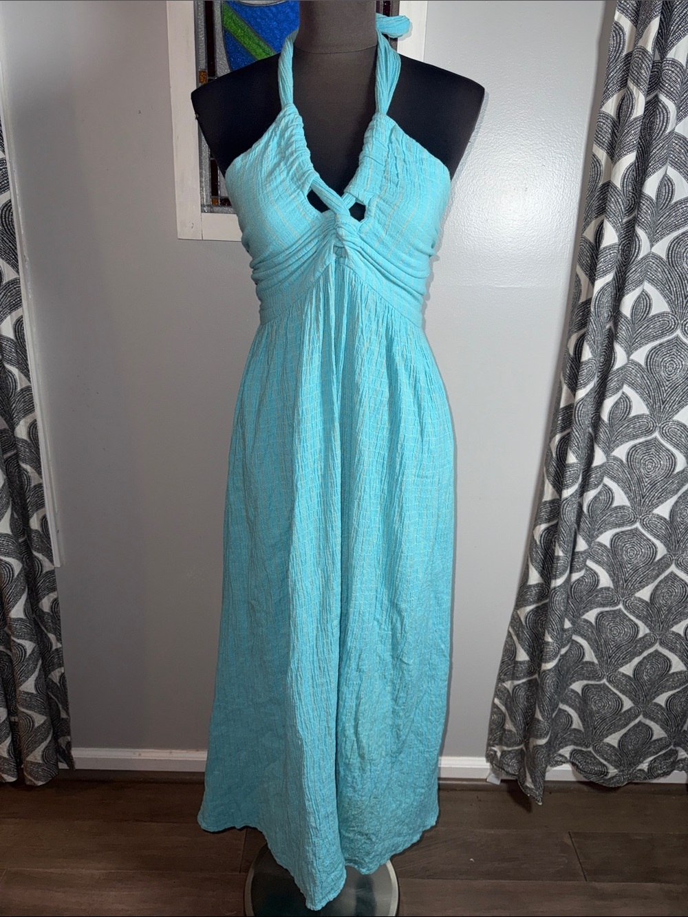 Mara Hoffman Swim Halter Maxi Dress Aqua Turquoise Textured Gauze Small
